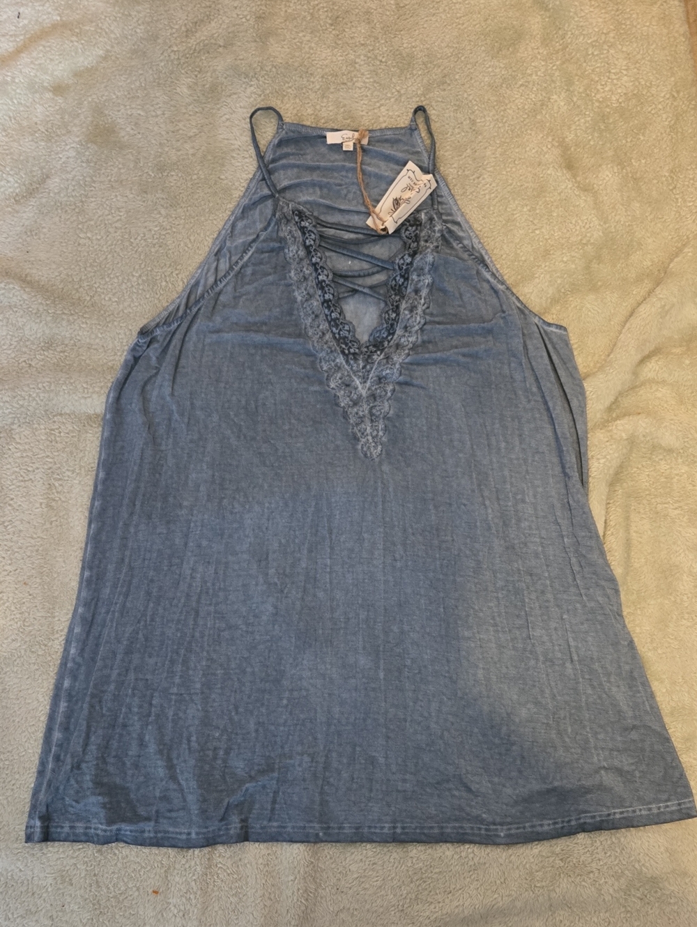 easel Steel Blue Lace V-Neck Crisscross Halter Camisole